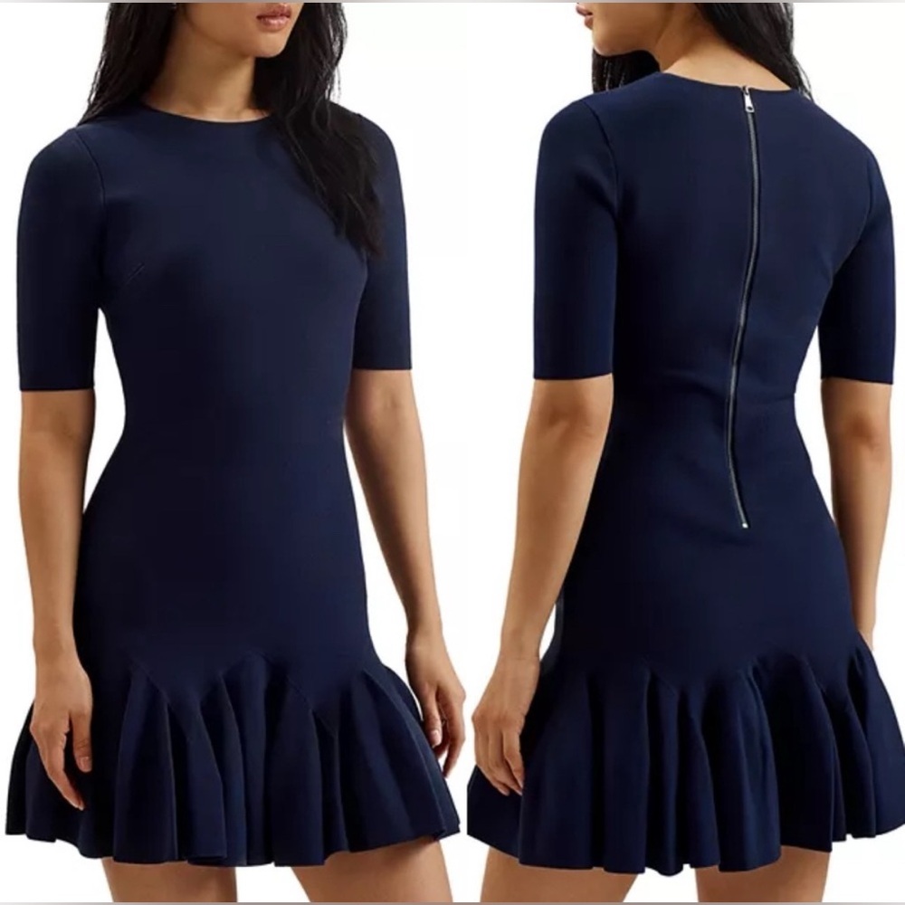 NWT Ted Baker Alzann Fit & Flare Bodycon Knit Navy Mini Dress Size 1 US 0-2 $295